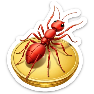 Red ant cartoon style with black shiny round with gold coins  sticker