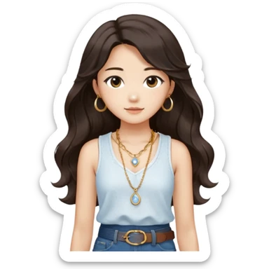 Stylish South Korean girl with long wavy dark hair, wearing a white textured sleeveless top, blue jeans, and a brown belt — soft lighting, cozy indoor vibe, a small, moonstone pendant necklace with a dainty gold chain adds a delicate touch sticker
