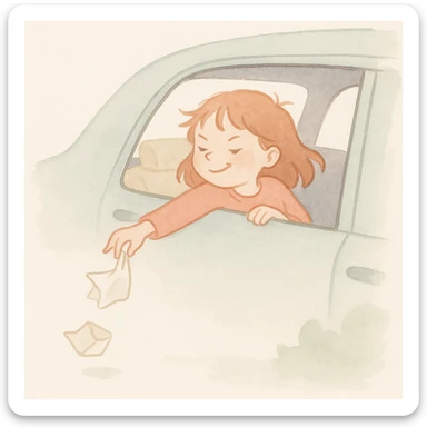 soft watercolor illustration in a minimalist modern style, pastel colors, delicate linework, gentle whimsical mood, minimal soft shading, scene of a mischievous girl sitting in the back seat of a car, throwing trash outside the window sticker