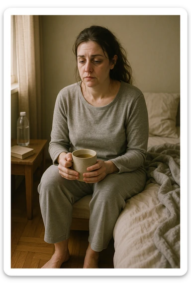 A realistic, cinematic illustration of a woman in her early 30s with a tired, pale appearance, sitting on the edge of her bed in a softly lit bedroom during the morning, looking exhausted and drained. Her posture is slightly slouched, and dark circles are visible under her eyes. She wears comfortable loungewear, holding a warm cup of herbal tea in her hands, seeking comfort. The scene includes a cozy yet slightly messy room with a blanket, a water bottle, and a book on the nightstand, emphasizing chronic fatigue. Soft natural light comes through the window, highlighting her expression of persistent tiredness despite rest, capturing the invisible struggle of chronic fatigue syndrome while maintaining dignity and a gentle aesthetic. sticker