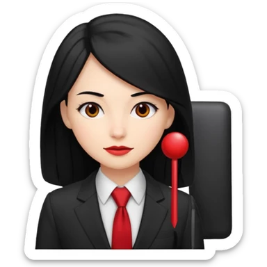 female boss in suit, long black hair, red tie sticker