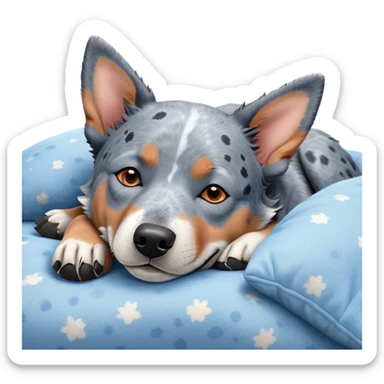 Meme-Worthy Cute Sleeping Blue Speckle Australian Cattle Dog Portrait Emoji, Head resting peacefully with a contented smile, showcasing a robust build and a luxuriously soft blue speckle Fur, eyes shut in a serene nap, Simplified yet hilariously adorable features, highly detailed, glowing with a soft, drowsy light, high shine, relaxed and utterly lovable, stylized with an air of playful laziness, bright and heartwarming, soft glowing outline, capturing the essence of a comically sleepy herder, so meme-worthy it feels like it could instantly become the next viral sensation of adorable slumber! sticker
