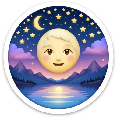 "Design a calming circle emoji for evening reflection. Soft moonlight, gentle stars, peaceful twilight sky, or spiritual symbols. No people - emphasize tranquil colors, night sky elements, and serene spiritual imagery." sticker