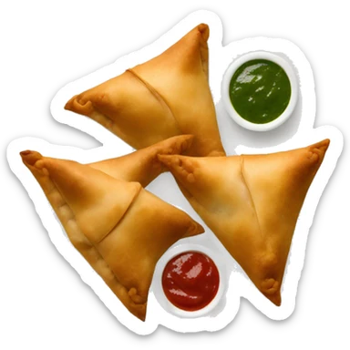 Samosas with red and green chutney on the side sticker