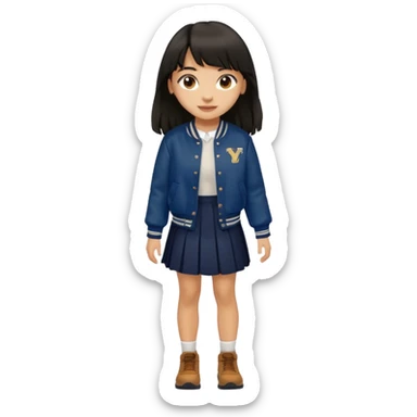 black color long hair with fringe, light skin long hair girl with brown varsity jacket and navy long skirt walking

 sticker