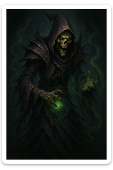 undead mage, World of Warcraft fantasy, tattered robes, magical aura, skull face sticker