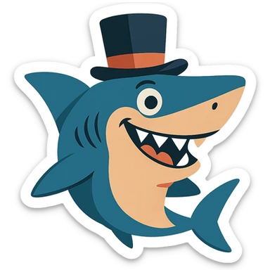 shark wearing a top hat, fun and whimsical style, vibrant toon sticker