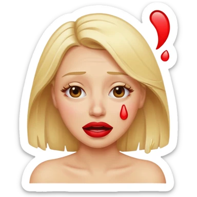 blonde having crying emoji tears from hard laughter. really happy in general, happy eyes. red lipstick sticker