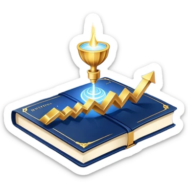 A navy blue productivity book with gold details, chart with upward trend aura, radiating productivity, strategy, and success in motion- sticker