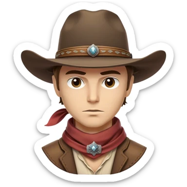 Clash of Clans aesthetic friendly Cowboy Portrait Emoji, With a rugged yet stylized build wearing a classic wide-brimmed hat and bandana, his face rendered in a natural skin tone (not yellow), determined eyes and a steely gaze, Simplified yet dynamic features, highly detailed, glowing with a warm, sunlit frontier radiance, high shine, brave and spirited, stylized with an air of Wild West heroism, focused and ready, soft glowing outline, capturing the essence of a fearless cowboy adventurer ready to ride into epic quests! sticker