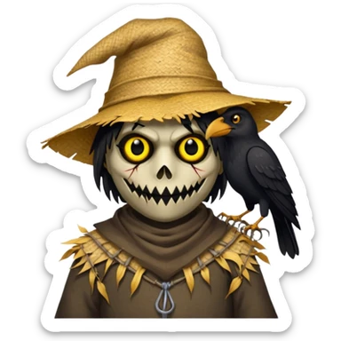 Scarecrow, Torn clothes, stitched mouth, glowing eyes, crow perched on shoulder. sticker