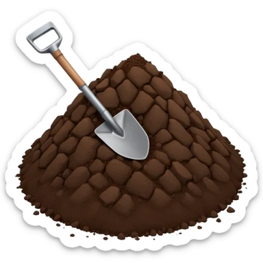 A 3D cartoon pile of dark brown soil with a small shovel inserted, rough texture, natural lighting, soft shadow, realistic Memoji-style rendering. sticker