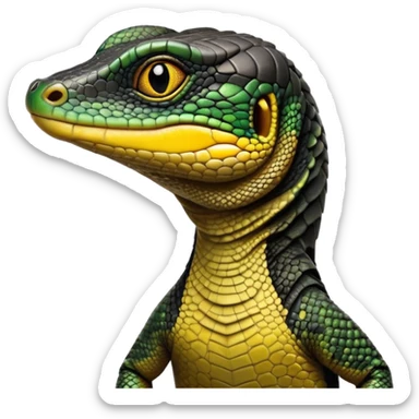 cinematic-realistic-cute-monitor-lizard-portrait-emoji,-head-tilted-playfully-and-inquisitively,-featuring-a-compact,-agile-body-with-finely-detailed,-glossy-scales-in-earthy-black and yellow-hues-and-a-distinct,-alert-face-with-bright,-curious-eyes, black , yellow spotted and green band  scales and a slender neck sticker