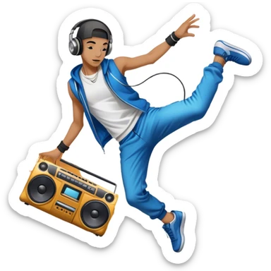 Icon for Street Dance: a dancer in urban streetwear performing a dynamic breakdance move, with a spray-painted background  and boombox nearby,  headphones. The icon should represent the energy, style, and creativity of street dance culture. Transparent background. sticker