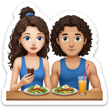 white girl, dark brown long slightly curly hair , skinni but with big breast , septum piercing on nose, beautiful dark gray-blue eyes, having luch with her bf  sticker