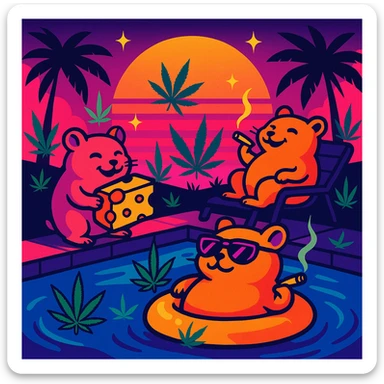 Discord server icon, square format, vibrant pool party at sunset with up to 3 hamsters, weed leaves, cheese, and THC theme, no disco ball, synthwave vaporwave style, bold neon colors, high contrast, dreamy gradients, sparkles, nostalgic, fun, inviting, summer party vibe, clear composition, less cutesy sticker