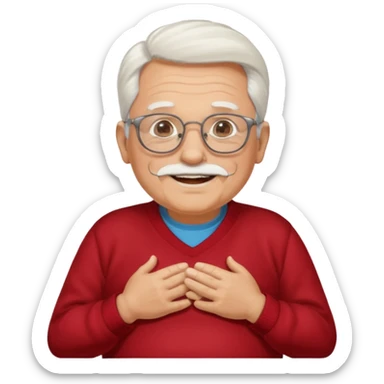 old man with lots of white hair wearing thick glasses with go-tee with a big belly smiling sticker