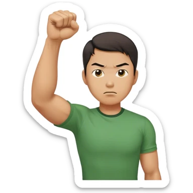 A determined Korean man in a green shirt, clenching his fist with a confident expression. Emoji-style digital illustration sticker
