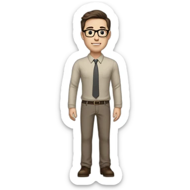 Full height Pale skinned fit man with dark brown hair in gray jacket, beige office shirt, brown tie, brown pants and vintage glasses. His right hand stretched out sticker