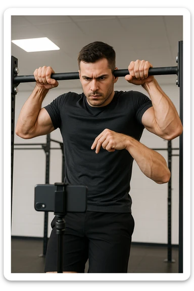 uomo che fa Muscle up e si sta filmando davanti con il telefonino per vedere la sua posizione dei gomiti e delle mani sulla sbarra sticker