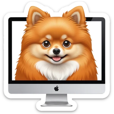 iMac monitor with a Pomeranian dog photo displayed on screen sticker