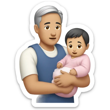 50-year-old Asian man caring for a baby sticker