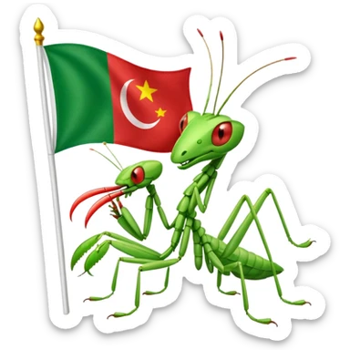 A happy praying mantis holding and a Italian and Myanmar flag  sticker