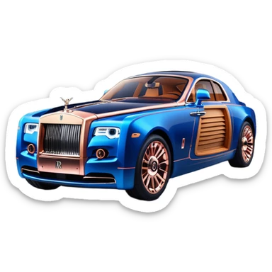 dark blue led lights on a hot rodded delicately inlaid rose gold and wood accentuated sporty 1889 Rolls Royce with futuristic electric spaceship plasma neon glowing motors and dynamos with wide racing wheels that are held strong by advanced suspension and steering sticker