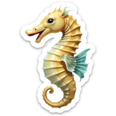 Cinematic Realistic Cute Yawning Sea Horse Portrait Emoji, Head tilted slightly with a dramatic, wide-open yawn, showcasing a soft, flowing body with gently drooping fins and half-closed, drowsy eyes rendered in delicate detail, high shine, relaxed yet expressive, styled with a dash of underwater charm, soft glowing outline, capturing the essence of a sleepy yet affectionate sea horse that appears ready to rest in tranquil water. sticker