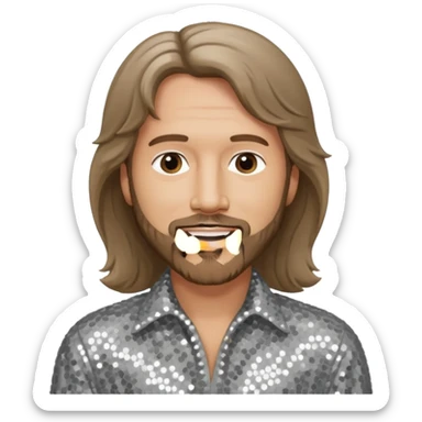 Barry Gibb from Bee Gees with light grey sequin outfit, long brown hair sticker