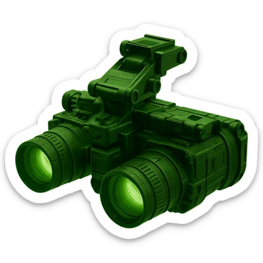night vision goggles with a green tint and tactical details sticker