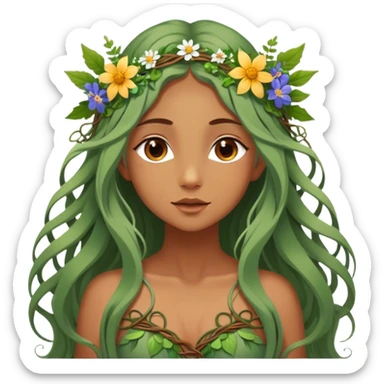 Cinematic Realistic Forest Nymph Fairy Portrait, depicted with lifelike, sun-kissed tanned skin that radiates an earthy glow, softly illuminated by natural, dappled light. Her long, flowing hair is intricately detailed and interwoven with delicate vines and wildflowers, while her deep, soulful eyes mirror the wisdom of the forest. Dressed in an attire inspired by nature’s palette—with subtle botanical motifs—the portrait exudes a soft, enchanted glow that melds realism with woodland magic. sticker