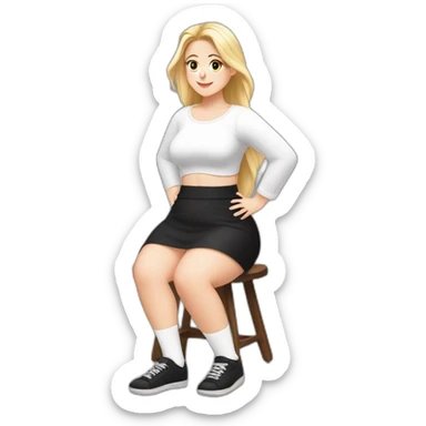 Front view full body curvy caucasian beauty sits on the floor straight hands up black skirt white knickers white socks sticker