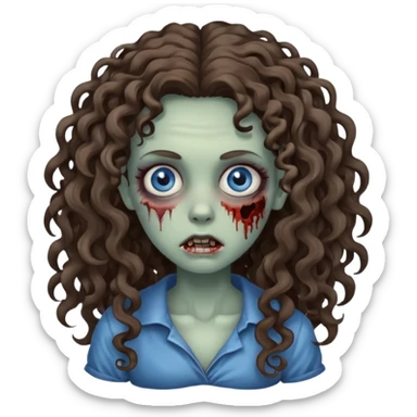 a zombie girl, her hair is curly and brunette but it is long hair and her curls are more open, the color eyes is blue mix grey sticker