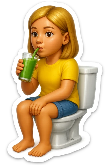 emoji stile iphone di una donna seduta sul wc che beve uno smoothies verde, iperrealistico 4k sticker