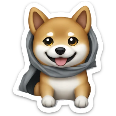 Shiba Inu dog with big eyes smiles while sitting in a gray blanket sticker
