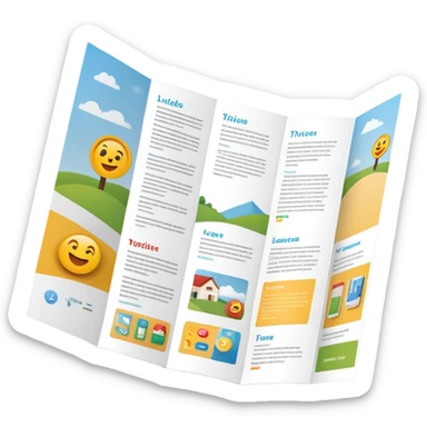 tri-fold brochure opened, with simple layout lines and image placeholders. sticker