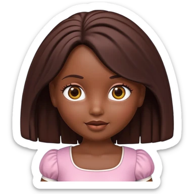 Boneca digital em estilo 3D realista e fofo, semelhante a uma boneca colecionável. Mulher jovem com pele negra, olhos castanhos escuros, cabelo liso cor chocolate, longo e bem alinhado.  sticker