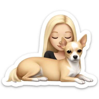 White Girl with long blonde hair laying down napping with a tan chihuahua  sticker