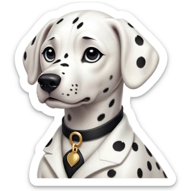 Cinematic Noble Dalmatian Portrait Emoji, Poised and regal, with a lean, athletic build and a glossy white coat adorned with distinctive black spots, deep-set soulful dark eyes, Simplified yet sharp and sophisticated features, highly detailed, glowing with a soft, dignified glow, high shine, intelligent and alert, stylized with an air of elegance, focused and attentive, soft glowing outline, capturing the essence of a watchful and confident companion, so majestic it feels as though it could dash out of the screen with effortless authority! sticker