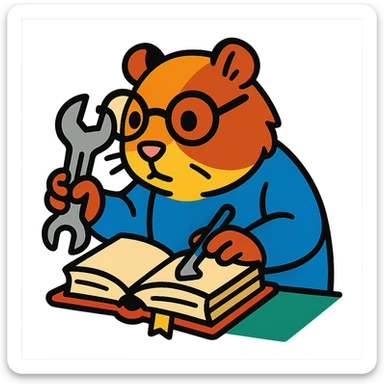 studious guinea pig with glasses, holding a wrench and fixing a book, vibrant toon style sticker