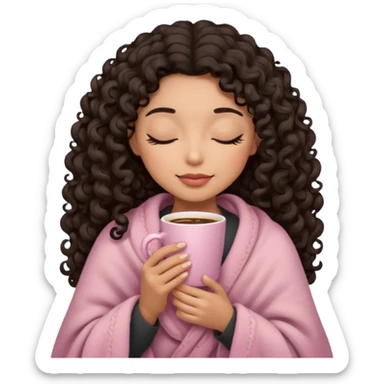 hispanic woman, light brown skin, black long 3b curls, closed eyes, feminine face, holding soft pink coffee cup with beige blanket over shoulders sticker