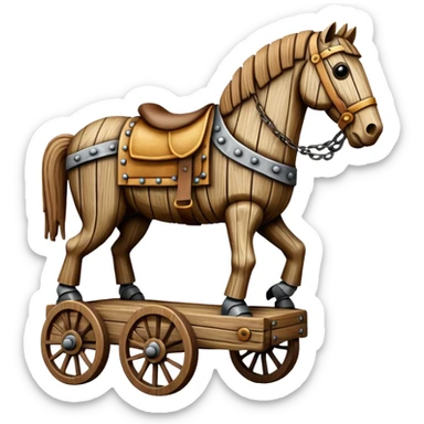 a huge trojan horse made from wood and on wheels sticker