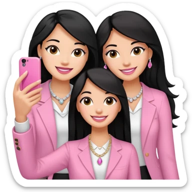 Just 3 besties with professional glammed up looks wearing pink and white, all medium skin tone smiling big with black long hair. Very girly wearing simple jewelry, taking a selfie  sticker