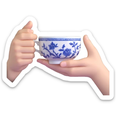 human hand holding a small traditional Chinese blue and white porcelain tea cup without handle sticker