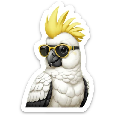 sulfer crested cockatoo wearing sunglasses sitting in a green fern tree with an australian street sign saying 'cockatoo' sticker
