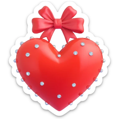 tiny red heart with a bow, pastel red enamel, extra large sparkling gems, soft glowing effect sticker