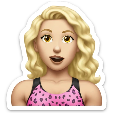 Tall blonde Caucasian muscular woman wrestler with teal eye shadow wearing a pink leopard print leotard blowing a kiss sticker