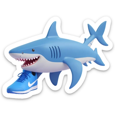 a shark with three legs, last leg near the back fin, wearing blue Nike shoes, closed mouth, 3D style sticker