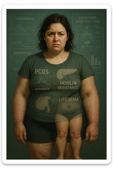 cinematic realistic in italiano Woman with PCOS struggling with hormonal chaos, transparent overlay showing elevated androgens and insulin resistance affecting her body, lipedema causing disproportionate fat accumulation in legs and arms despite normal torso, expression of frustration with unexplained weight gain, medical charts showing complex endocrine dysfunction, painful swollen limbs contrasting with metabolic confusion in italiano sticker